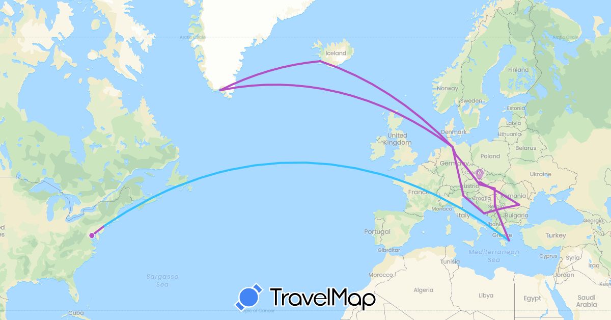 TravelMap itinerary: driving, train, boat in Austria, Bosnia and Herzegovina, Germany, Greenland, Greece, Hungary, Iceland, Italy, Romania, Serbia, United States (Europe, North America)